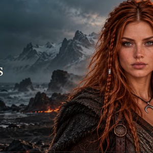 ASKVARA Aska Ris Rise From the Ash official visualizer - Daughter of Fire with red hair in ash and snow